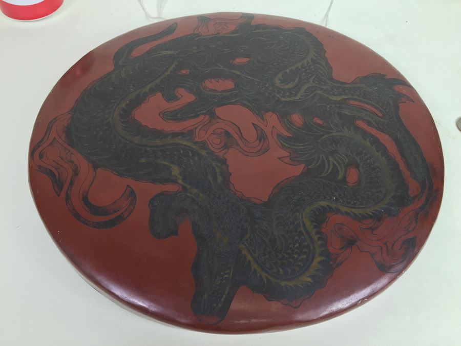 Asian Hand Hammered Brass Gong With Bas Relief Dragon Serpent