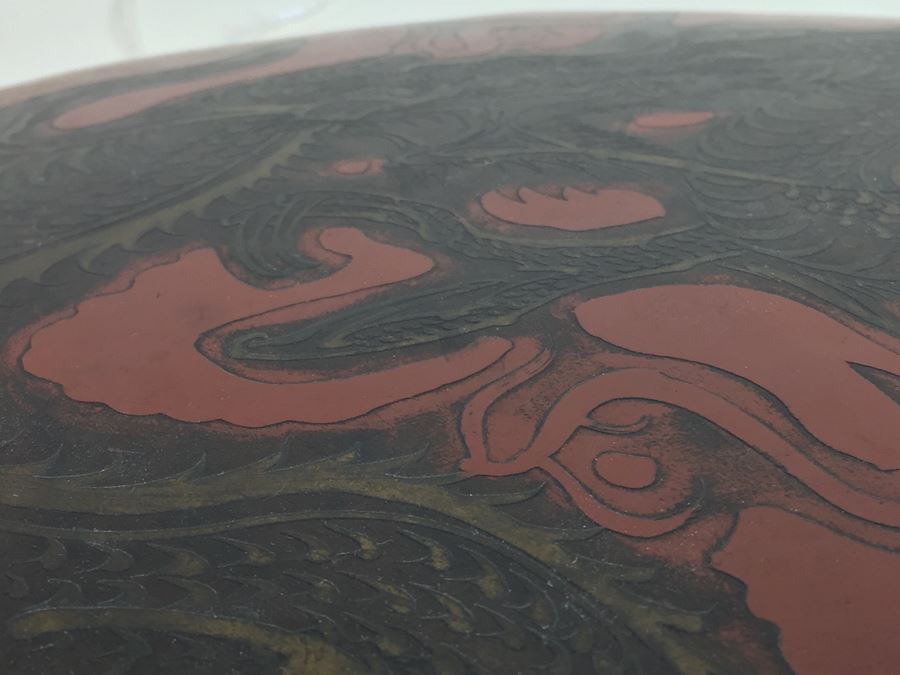 Asian Hand Hammered Brass Gong With Bas Relief Dragon Serpent [Photo 13]