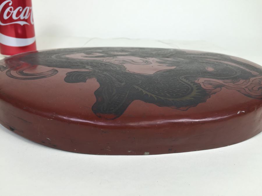 Asian Hand Hammered Brass Gong With Bas Relief Dragon Serpent [Photo 14]