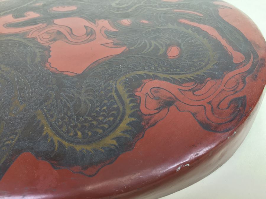 Asian Hand Hammered Brass Gong With Bas Relief Dragon Serpent [Photo 7]