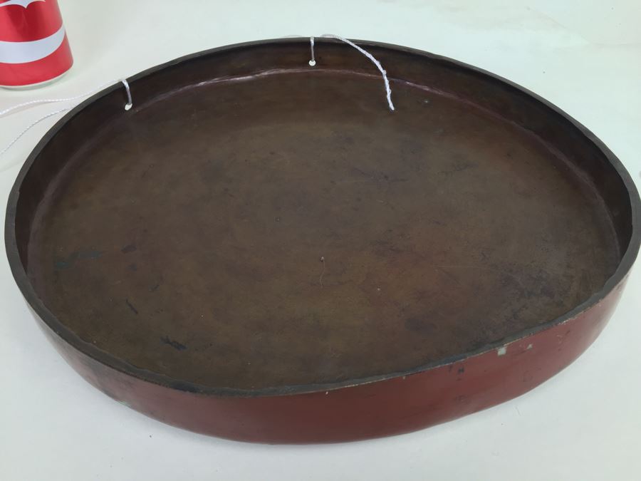 Asian Hand Hammered Brass Gong With Bas Relief Dragon Serpent [Photo 3]