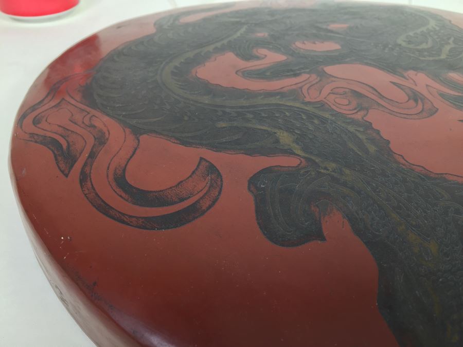 Asian Hand Hammered Brass Gong With Bas Relief Dragon Serpent [Photo 9]