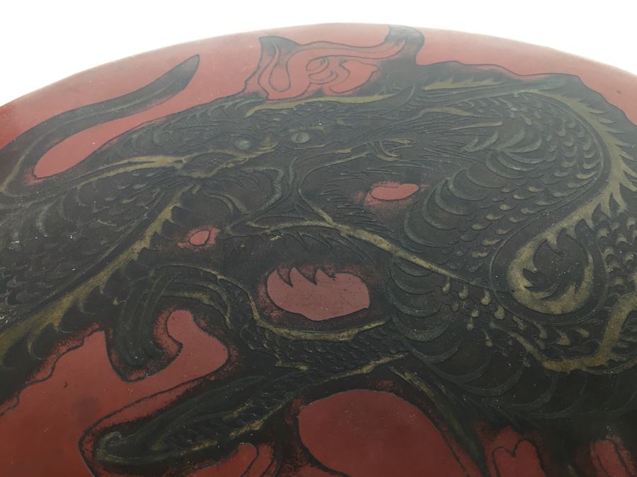 Asian Hand Hammered Brass Gong With Bas Relief Dragon Serpent [Photo 4]