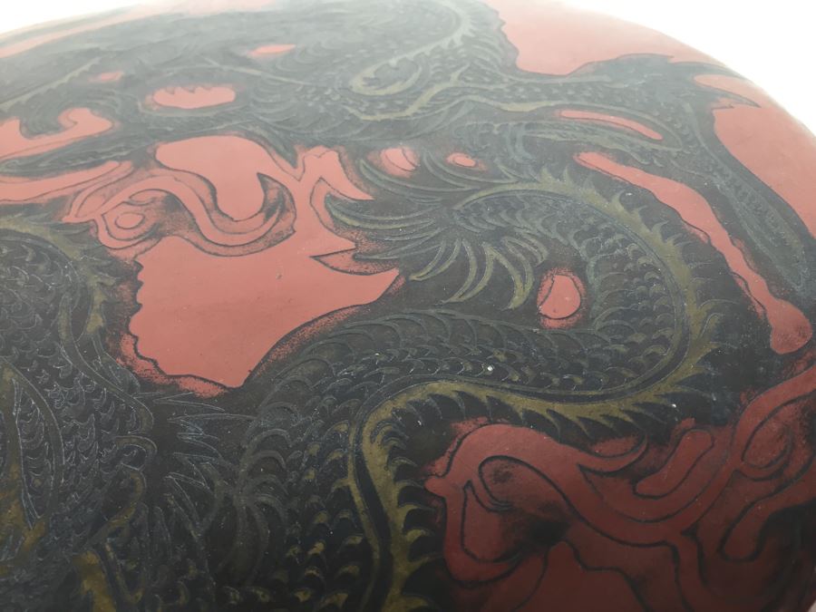 Asian Hand Hammered Brass Gong With Bas Relief Dragon Serpent [Photo 5]