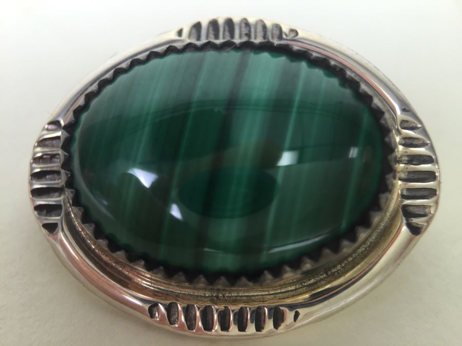 Sterling Silver Malachite Brooch Pin Signed T [Photo 2]