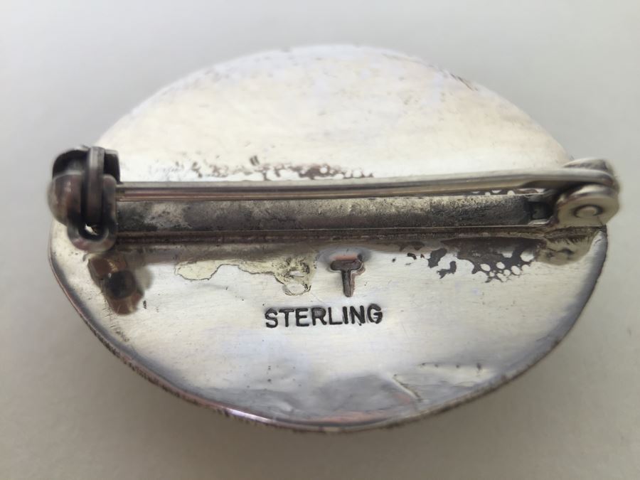 Sterling Silver Malachite Brooch Pin Signed T [Photo 3]