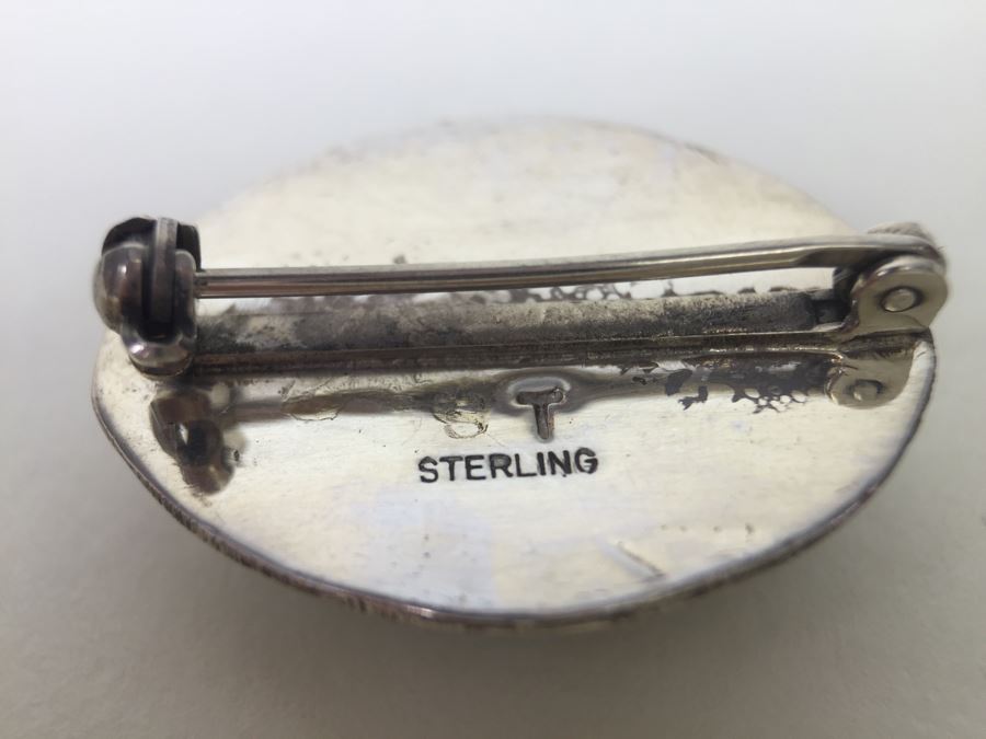 Sterling Silver Malachite Brooch Pin Signed T [Photo 8]