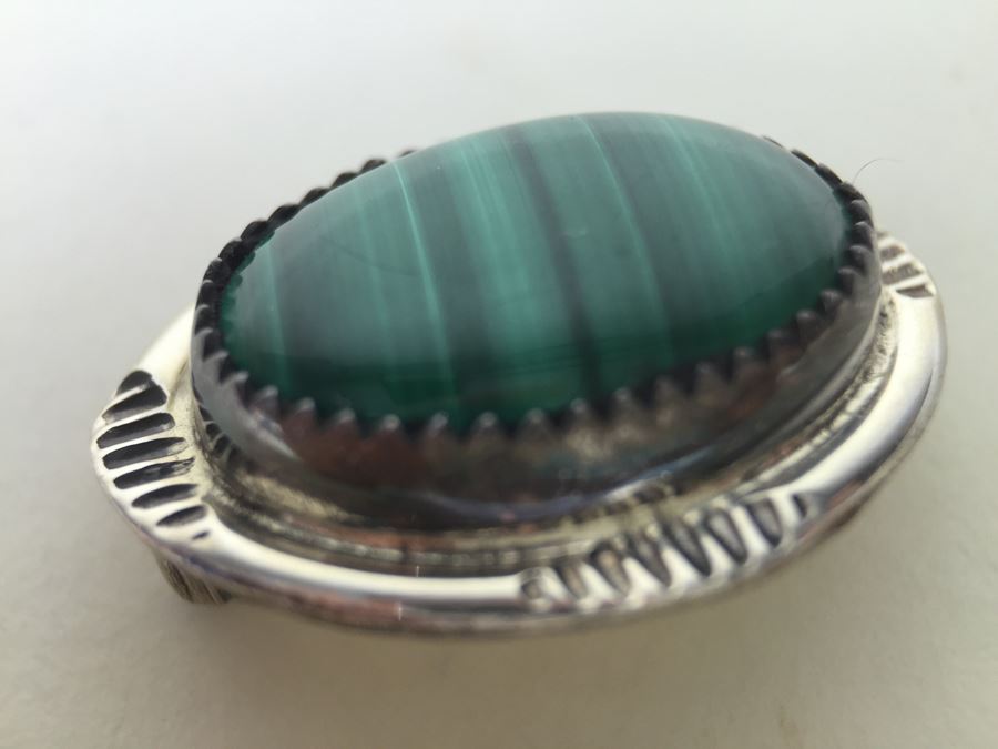 Sterling Silver Malachite Brooch Pin Signed T [Photo 6]