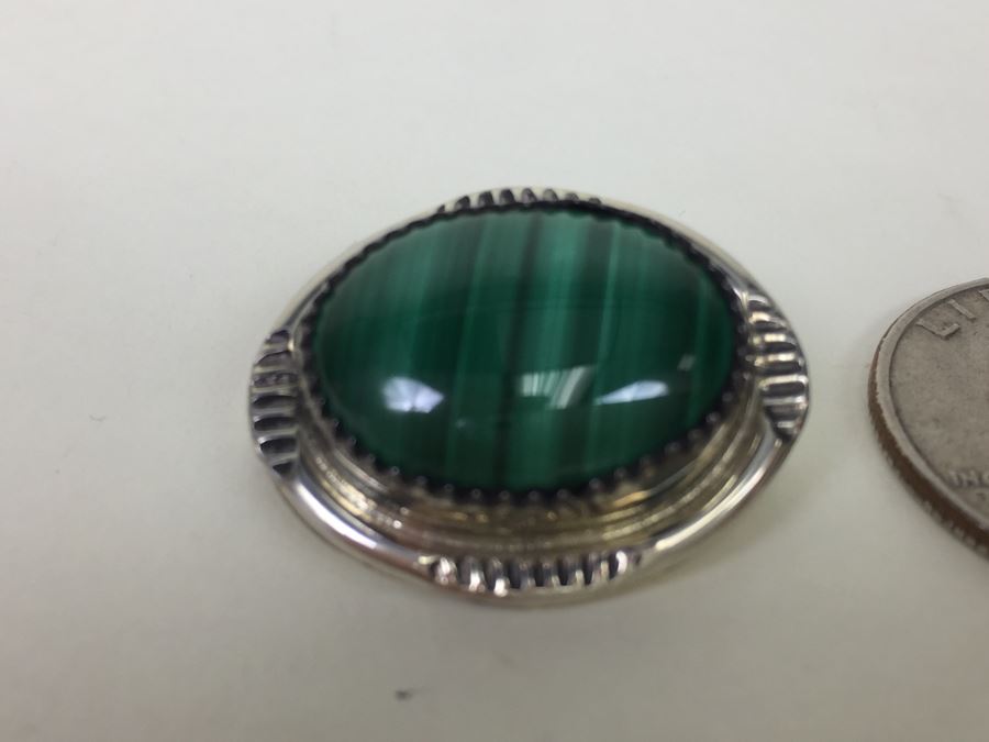 Sterling Silver Malachite Brooch Pin Signed T [Photo 4]