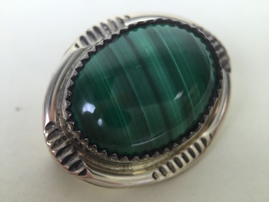 Sterling Silver Malachite Brooch Pin Signed T [Photo 7]