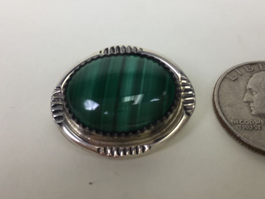 Sterling Silver Malachite Brooch Pin Signed T [Photo 1]