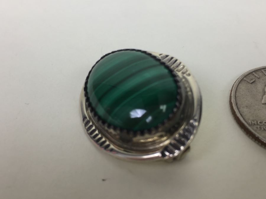 Sterling Silver Malachite Brooch Pin Signed T [Photo 5]