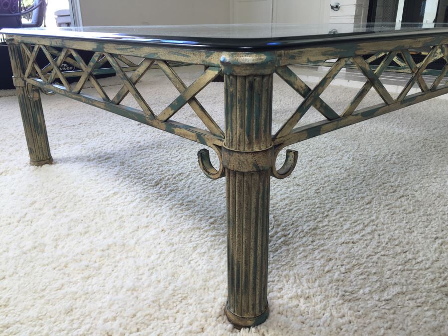 Beveled Glass Top Coffee Table With Architectural Metal Base [Photo 3]