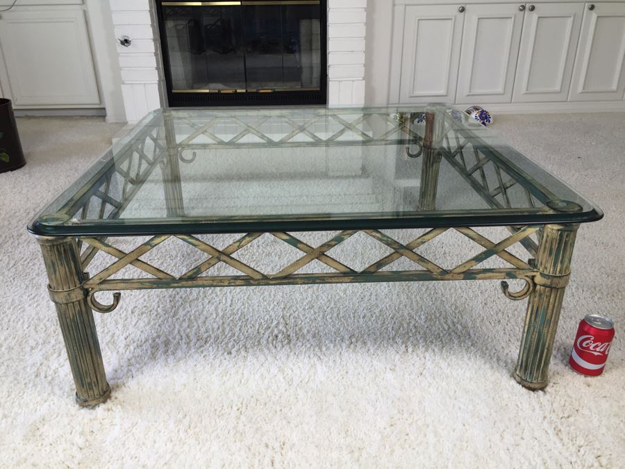 Beveled Glass Top Coffee Table With Architectural Metal Base [Photo 5]