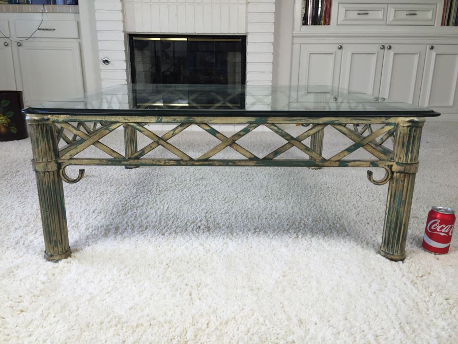 Beveled Glass Top Coffee Table With Architectural Metal Base