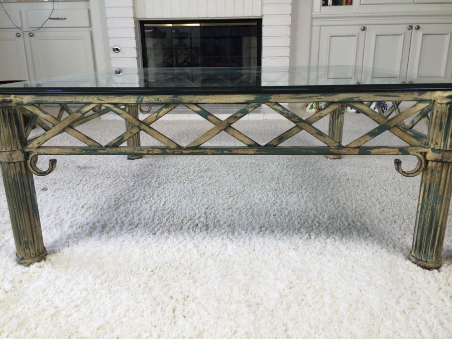 Beveled Glass Top Coffee Table With Architectural Metal Base [Photo 4]