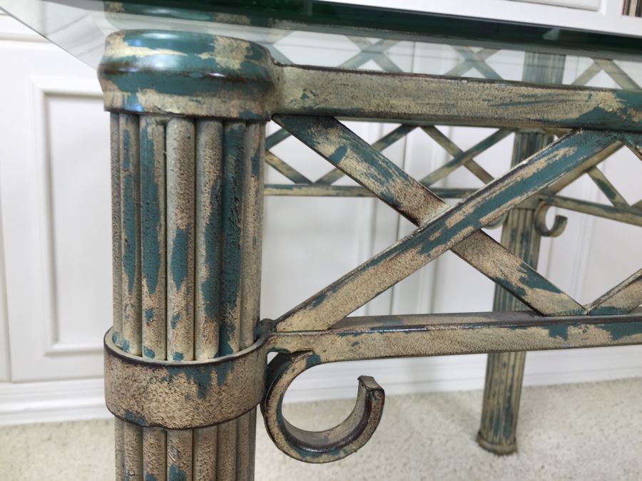 Beveled Glass Top Side Table With Architectural Metal Base [Photo 5]