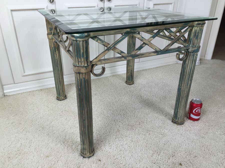 Beveled Glass Top Side Table With Architectural Metal Base [Photo 3]