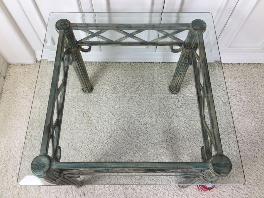 Beveled Glass Top Side Table With Architectural Metal Base [Photo 2]