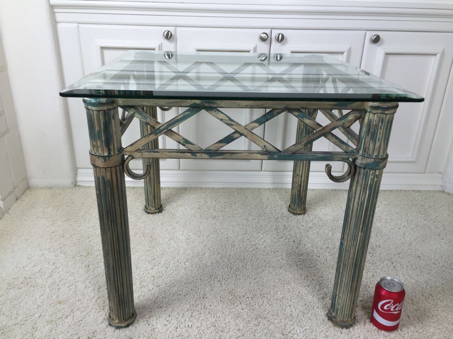 Beveled Glass Top Side Table With Architectural Metal Base [Photo 4]