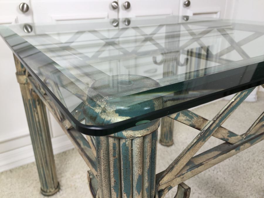 Beveled Glass Top Side Table With Architectural Metal Base [Photo 7]