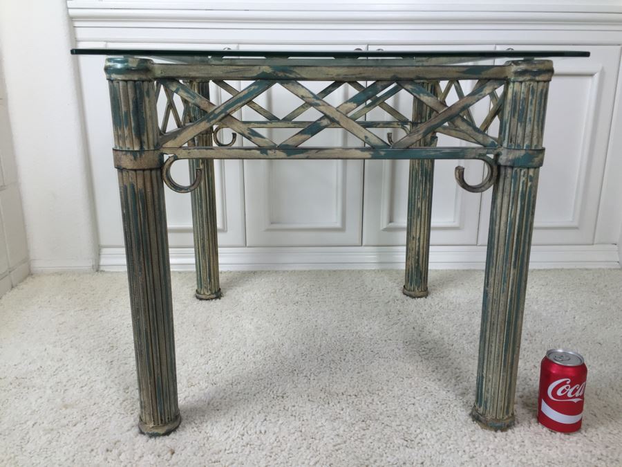 Beveled Glass Top Side Table With Architectural Metal Base