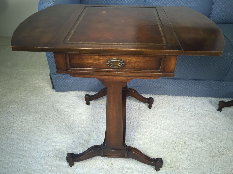 Pair Of Inlaid Leather Heirloom Quality Weiman Drop Leaf Side Tables 9739