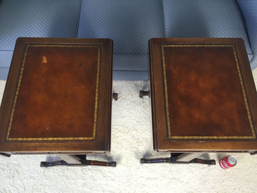 Pair Of Inlaid Leather Heirloom Quality Weiman Drop Leaf Side Tables 9739 [Photo 5]