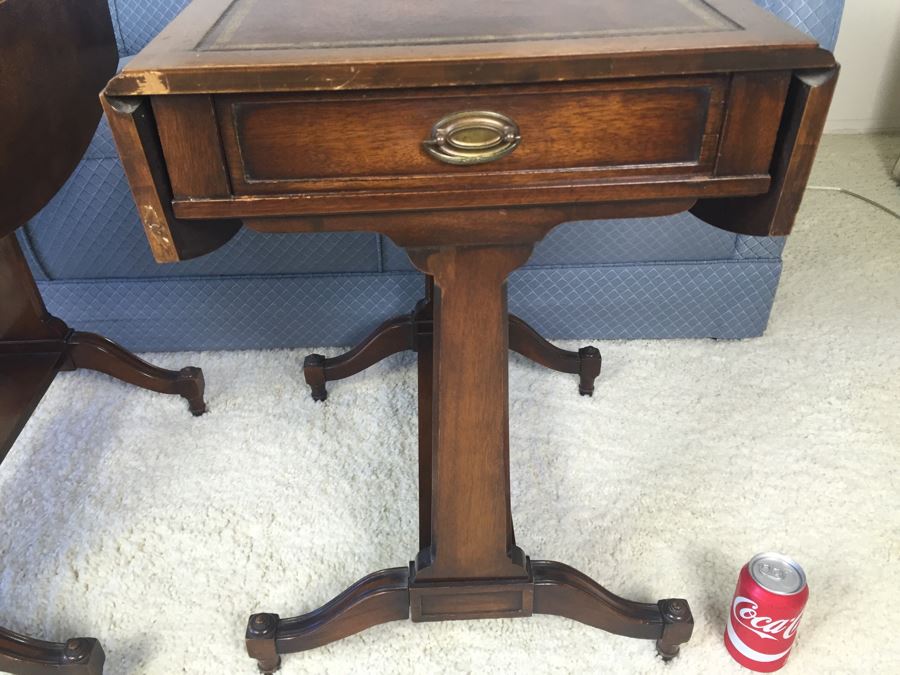 Pair Of Inlaid Leather Heirloom Quality Weiman Drop Leaf Side Tables 9739