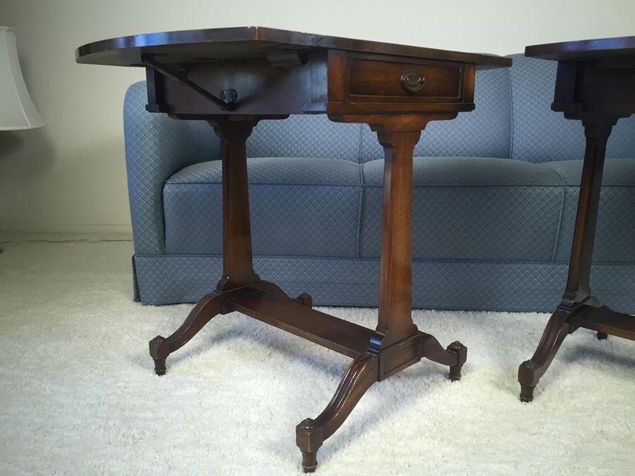 Pair Of Inlaid Leather Heirloom Quality Weiman Drop Leaf Side Tables 9739 [Photo 13]