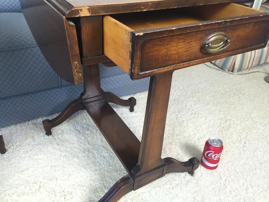 Pair Of Inlaid Leather Heirloom Quality Weiman Drop Leaf Side Tables 9739 [Photo 9]