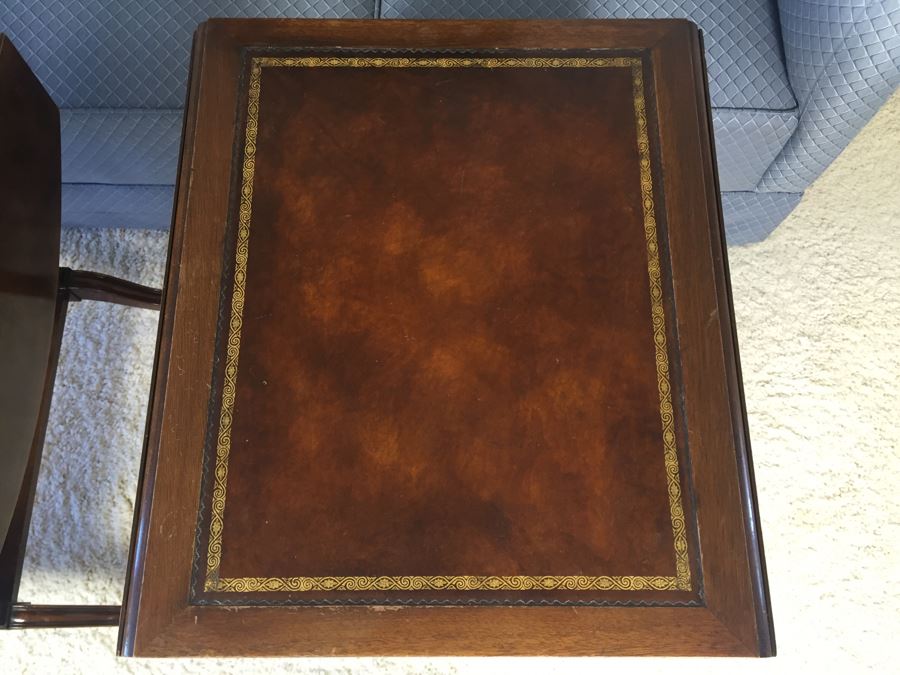 Pair Of Inlaid Leather Heirloom Quality Weiman Drop Leaf Side Tables 9739 [Photo 6]