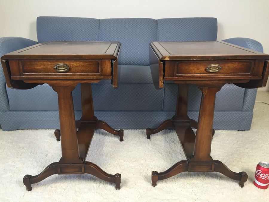 Pair Of Inlaid Leather Heirloom Quality Weiman Drop Leaf Side Tables 9739