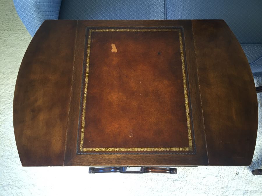 Pair Of Inlaid Leather Heirloom Quality Weiman Drop Leaf Side Tables 9739 [Photo 11]