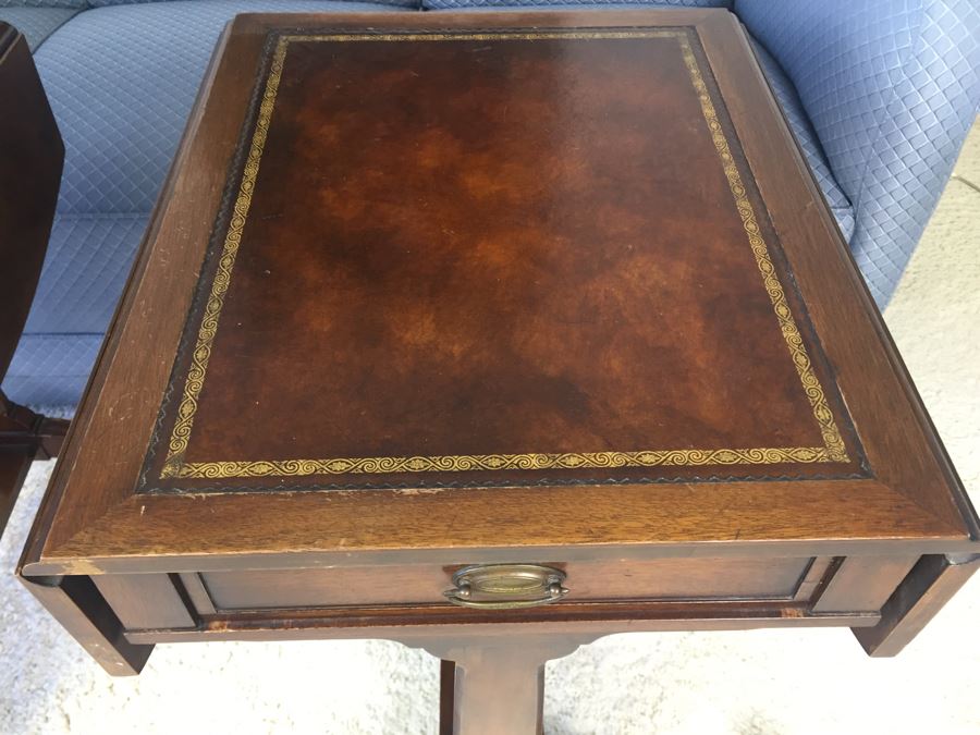 Pair Of Inlaid Leather Heirloom Quality Weiman Drop Leaf Side Tables 9739 [Photo 7]