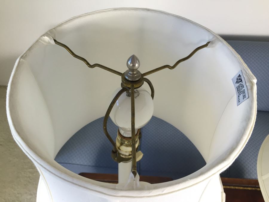 Pair Of Silver Tone Table Lamps With White Shades [Photo 6]