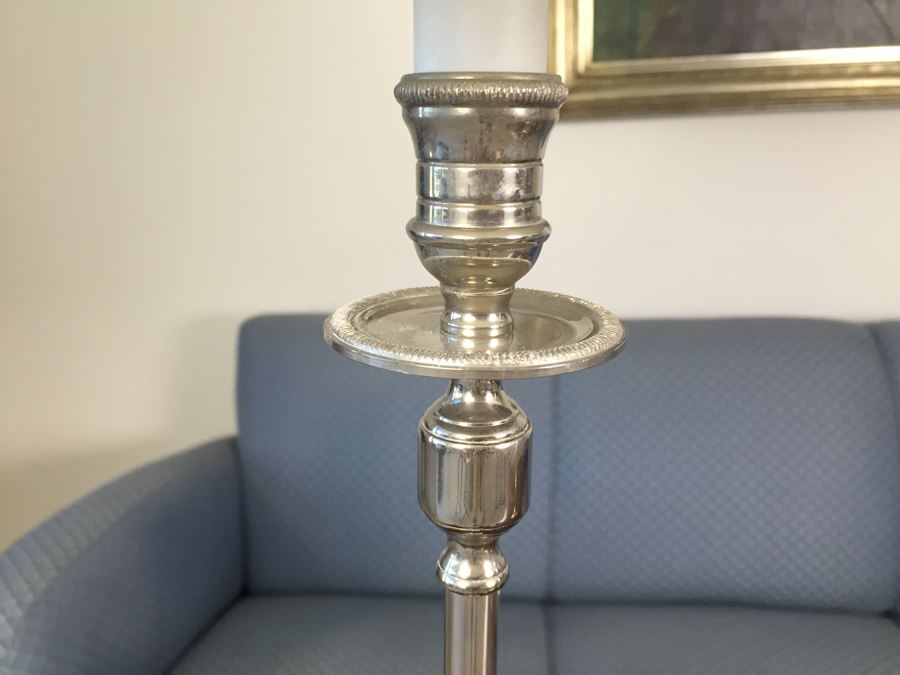 Pair Of Silver Tone Table Lamps With White Shades [Photo 3]