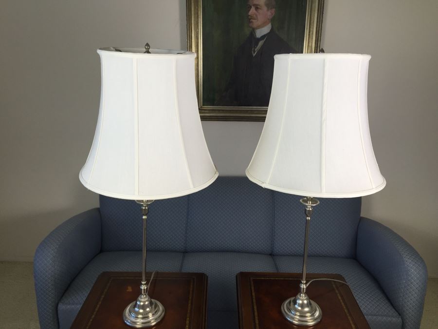 Pair Of Silver Tone Table Lamps With White Shades [Photo 4]