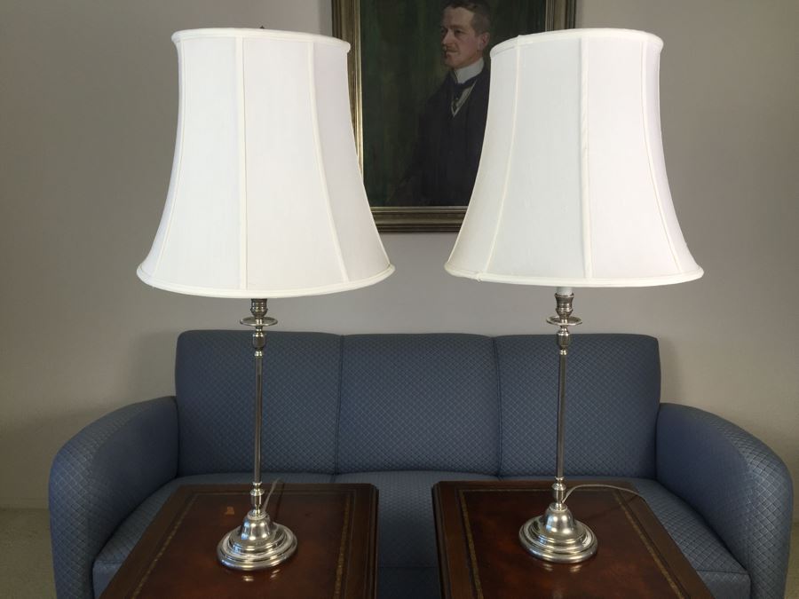 Pair Of Silver Tone Table Lamps With White Shades [Photo 1]