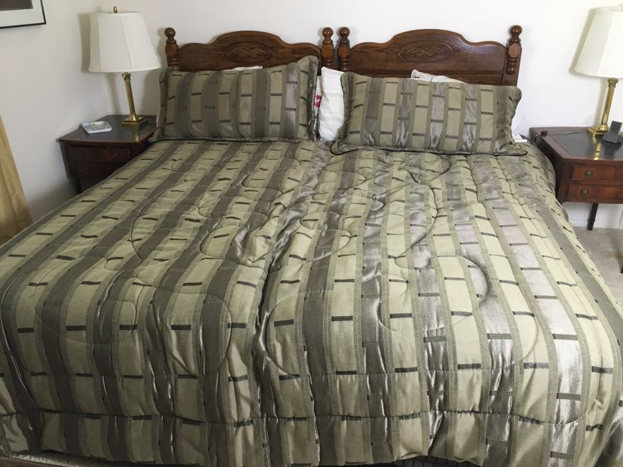 Pair Of Twin Wooden Headboards With Metal Frames, Box Springs And Twin Mattresses Plus Bedding [Photo 4]