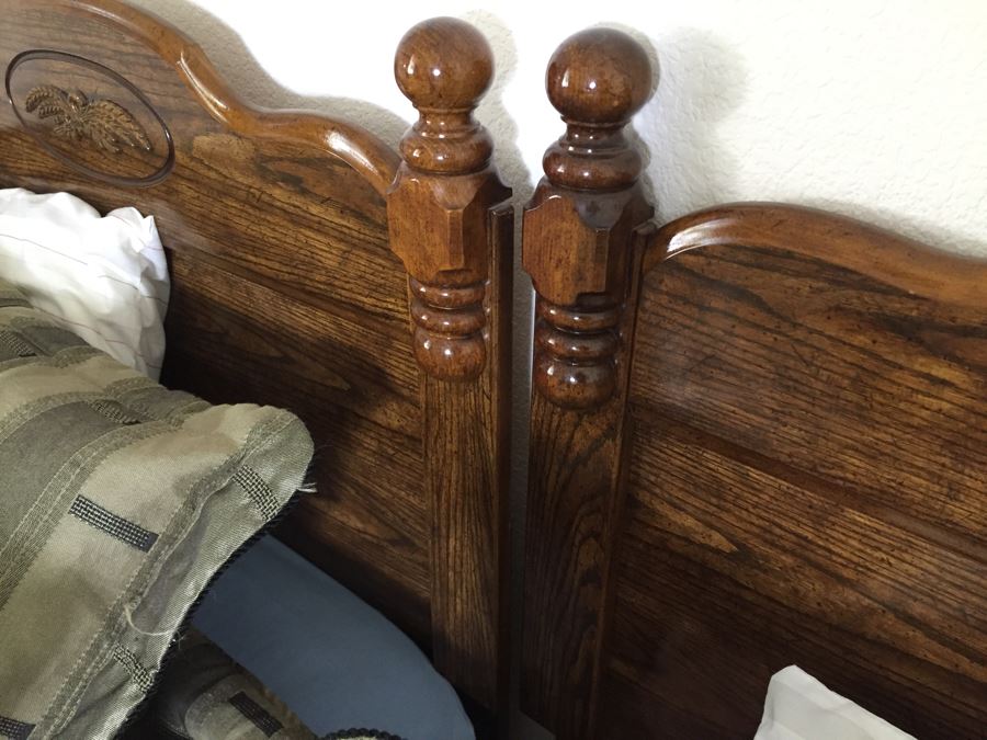 Pair Of Twin Wooden Headboards With Metal Frames, Box Springs And Twin Mattresses Plus Bedding [Photo 2]