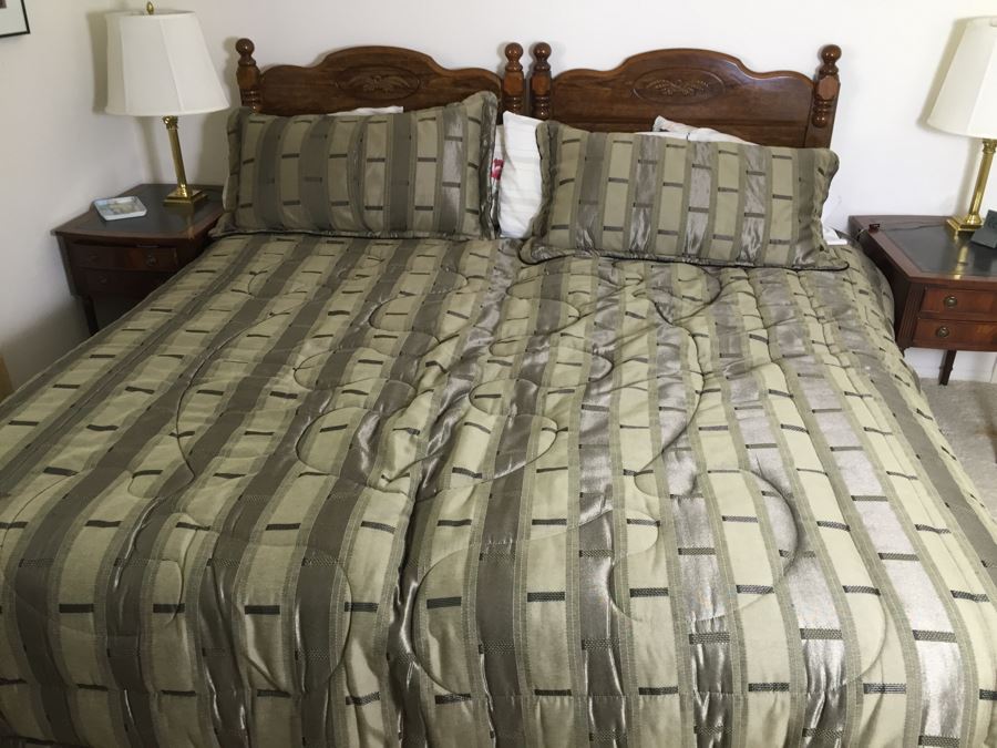 Pair Of Twin Wooden Headboards With Metal Frames, Box Springs And Twin Mattresses Plus Bedding [Photo 5]