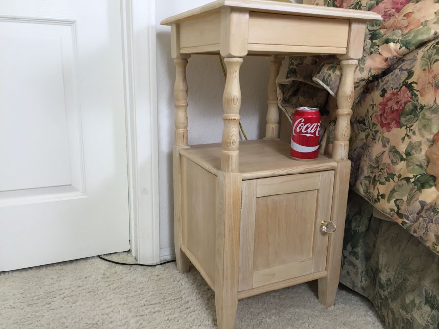 Turned Wood Side Table Nightstand With Lower Cabinet And Brass Table Lamp [Photo 5]