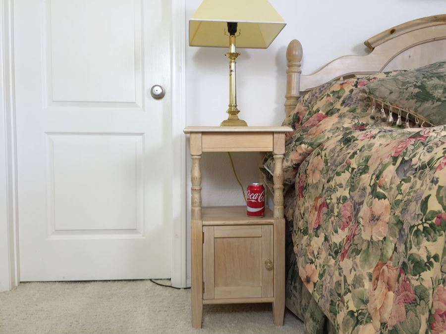Turned Wood Side Table Nightstand With Lower Cabinet And Brass Table Lamp