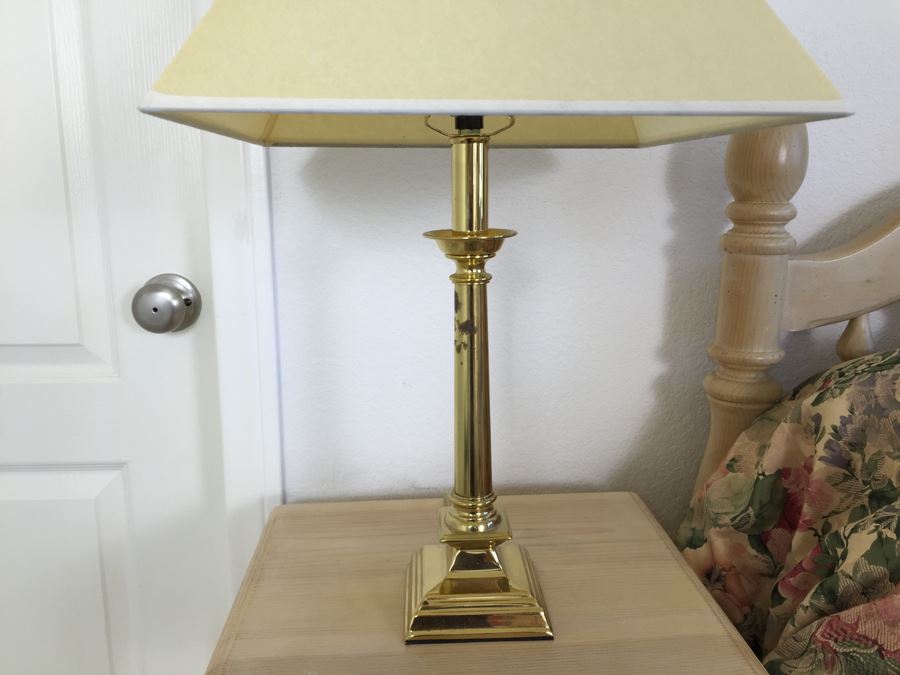 Turned Wood Side Table Nightstand With Lower Cabinet And Brass Table Lamp [Photo 3]