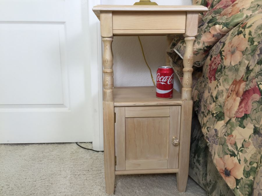 Turned Wood Side Table Nightstand With Lower Cabinet And Brass Table Lamp [Photo 4]