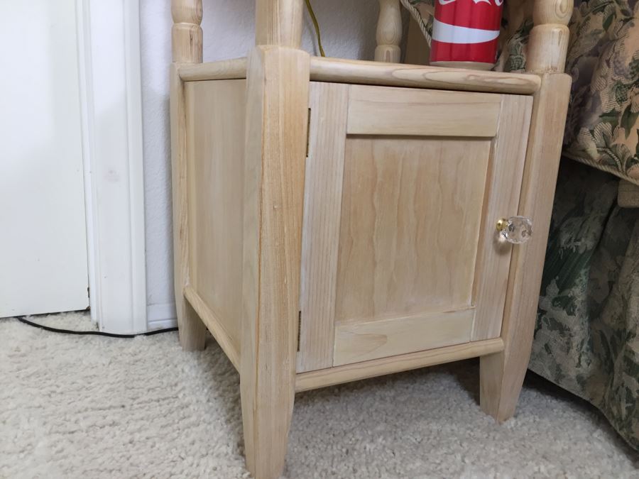 Turned Wood Side Table Nightstand With Lower Cabinet And Brass Table Lamp [Photo 6]