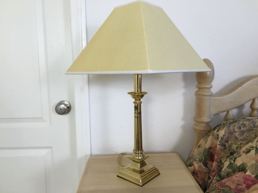 Turned Wood Side Table Nightstand With Lower Cabinet And Brass Table Lamp [Photo 13]