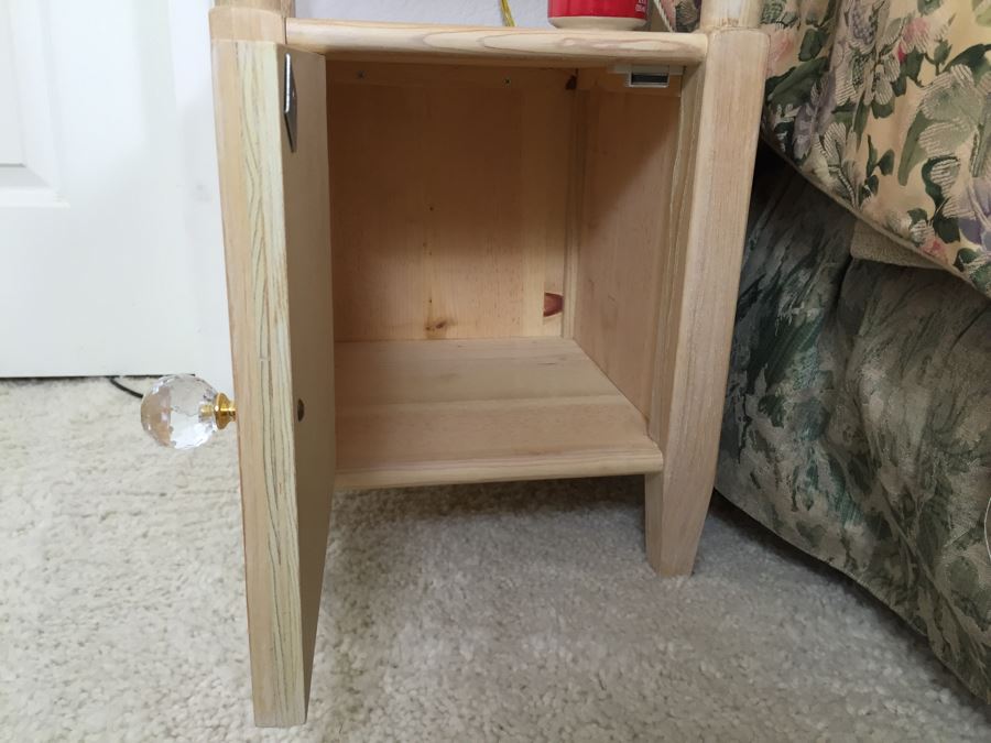 Turned Wood Side Table Nightstand With Lower Cabinet And Brass Table Lamp [Photo 7]