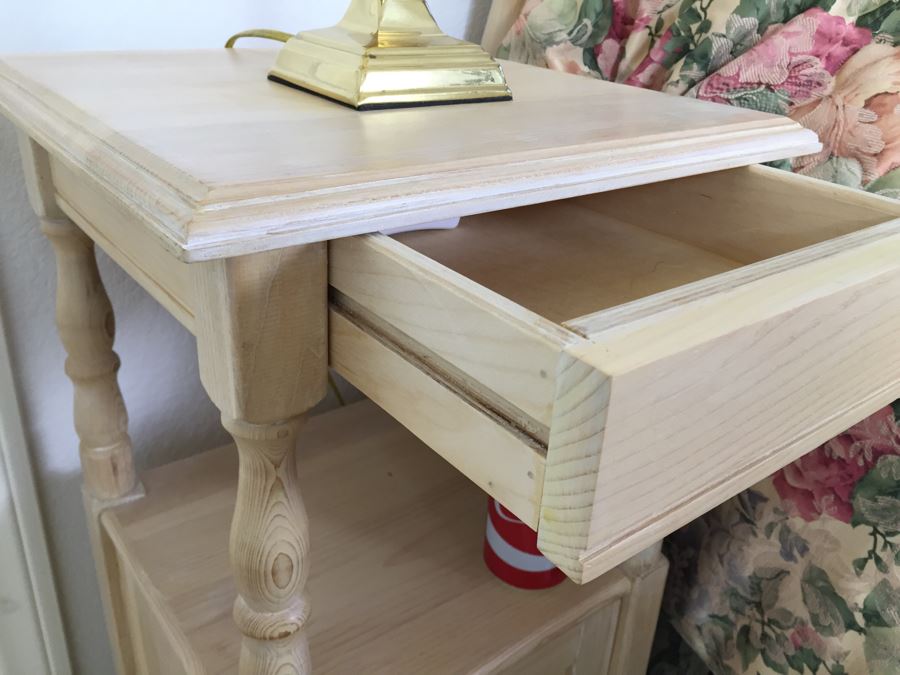 Turned Wood Side Table Nightstand With Lower Cabinet And Brass Table Lamp [Photo 2]